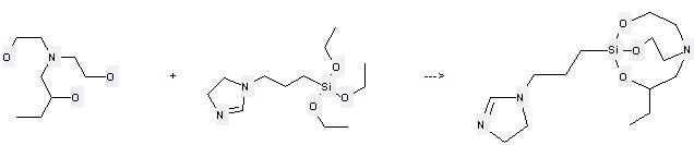 1H-Imidazole,4,5-dihydro-1-[3-(triethoxysilyl)propyl]- can be used to produce 1-[3-(4,5-dihydro-imidazol-1-yl)-propyl]-3-ethyl-2,8,9-trioxa-5-aza-1-sila-bicyclo[3.3.3]undecane when it is heated